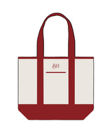 The Contrast Tote Bag - Natural / Red - Brick House - Top Text - Above Line - Embroidered - Red