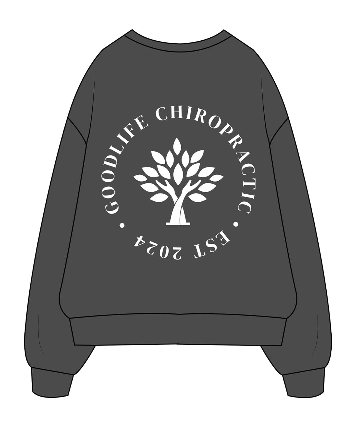 The Womens Crewneck - Washed Black - Goodlife Chiropractic - Left Chest & Full Back - White