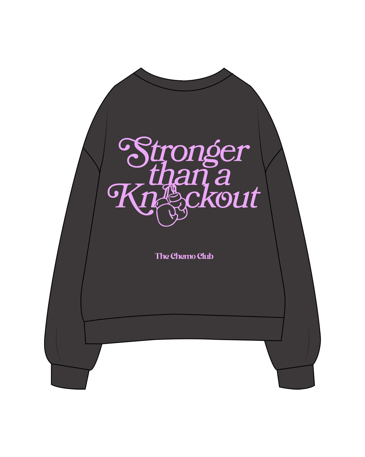 The Mens Crewneck - Washed Black - Chemo Club - Center Chest & Back Stacked - Printed - Neon Purple