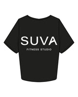 The Crop Tee - Black - SUVA - Left Chest Stacked & Back Center Stacked - Printed - White