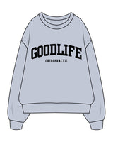 The Mens Crewneck - Powder - Goodlife Chiropractic - Center Chest Stacked - Black