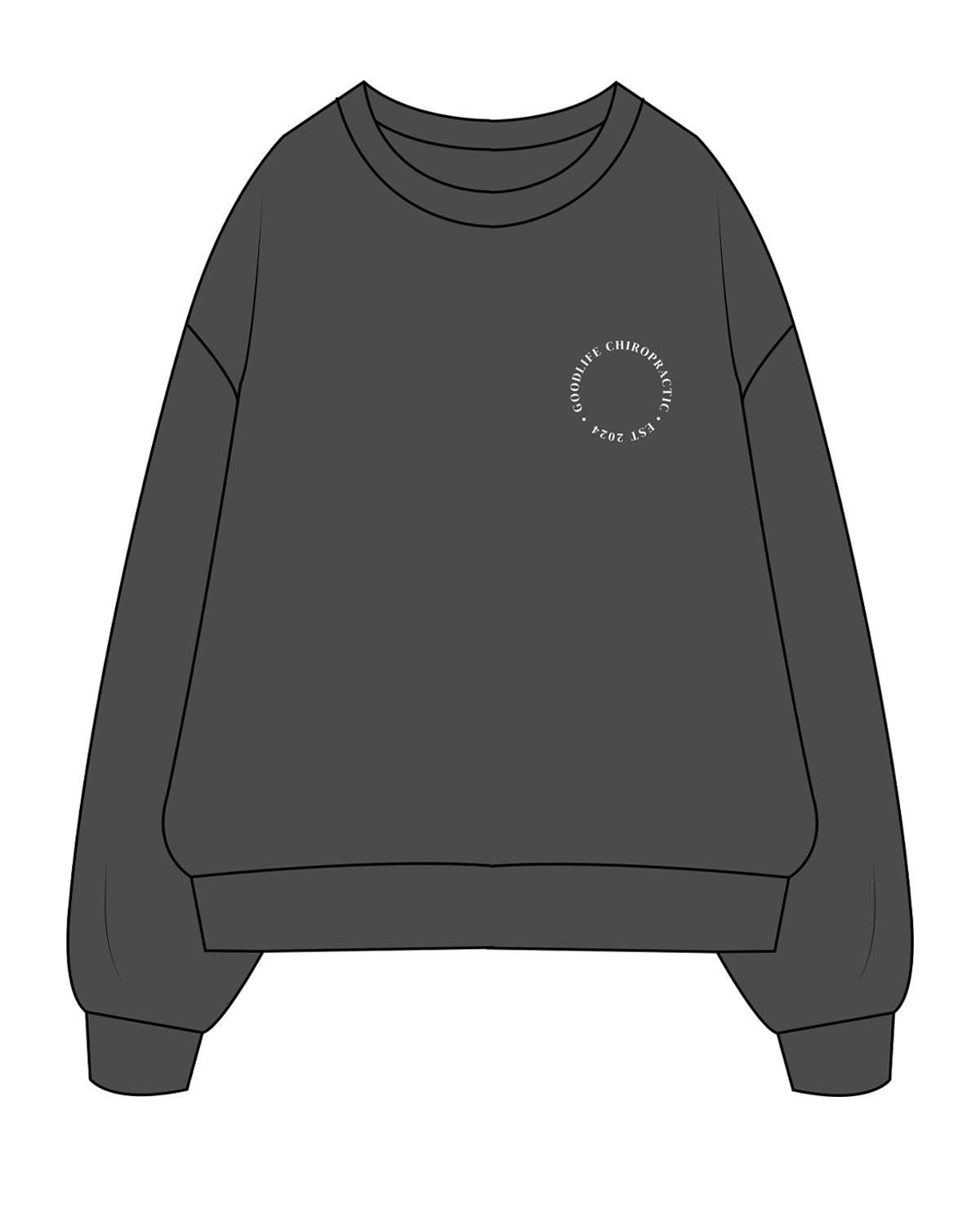The Womens Crewneck - Washed Black - Goodlife Chiropractic - Left Chest & Full Back - White