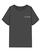 The Womens Heavyweight Tee - Coal Stone - The Studio - Left Chest & Back Stacked - Printed - White