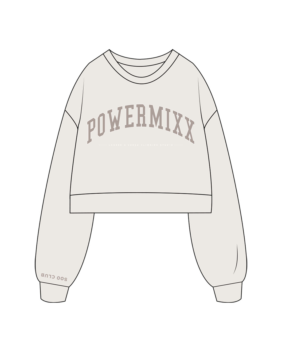 The Womens Crop Crewneck - Bone - PowerMixx - Center Chest Arc Stacked - Right Wrist - Back Neckline - Printed - Full Color
