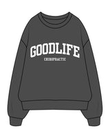 The Mens Crewneck - Washed Black - Goodlife Chiropractic - Center Chest Stacked - White
