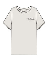 The Womens Heavyweight Tee - Washed Bone - The Studio - Left Chest & Back Stacked - Printed - Black