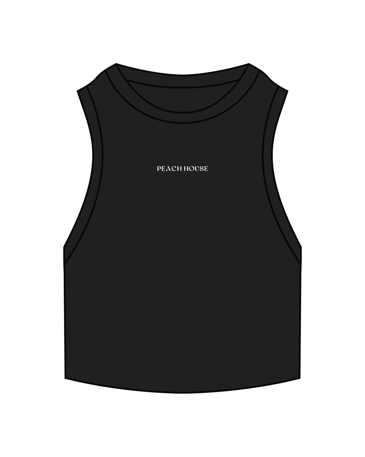 The Ribbed Crop Tank - Black - Peach House Pilates - Center Chest - Embroidered - White