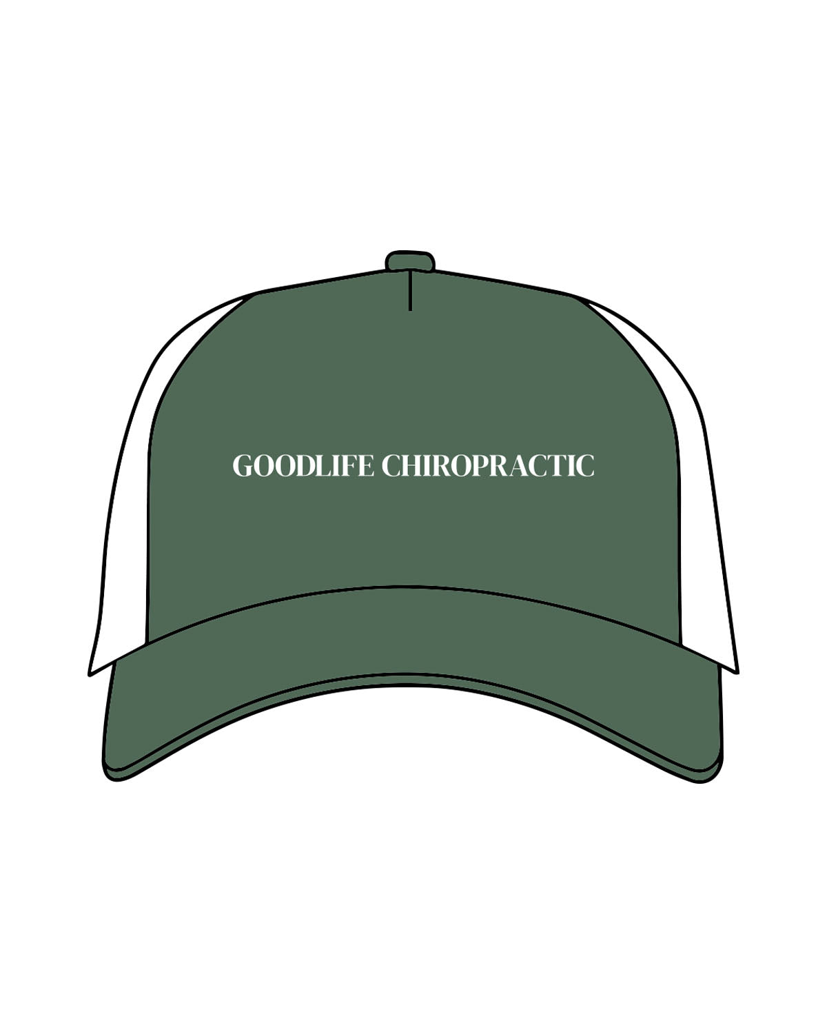 The Trucker Hat - Evergreen / White - Goodlife Chiropractic - Center Crown - Embroidered - White
