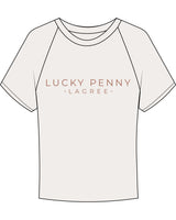 The Micro Rib Baby Tee - Natural - Lucky Penny - Center Chest Stacked - Terrecotta