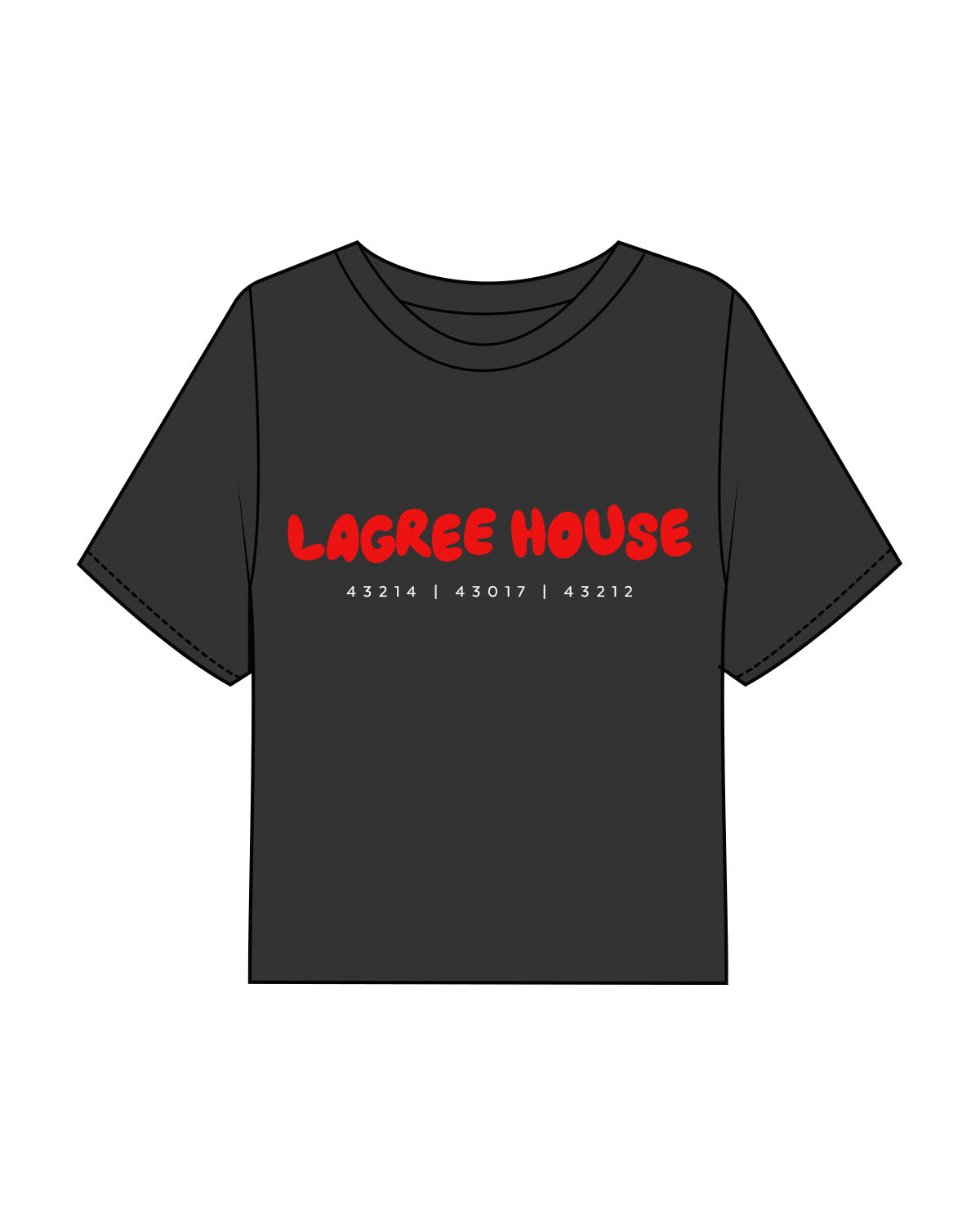 The Boxy Crop Tee - Charcoal - Lagree House - Center Chest Stacked - Puff Print - Red - Zip Code Flat Print - White