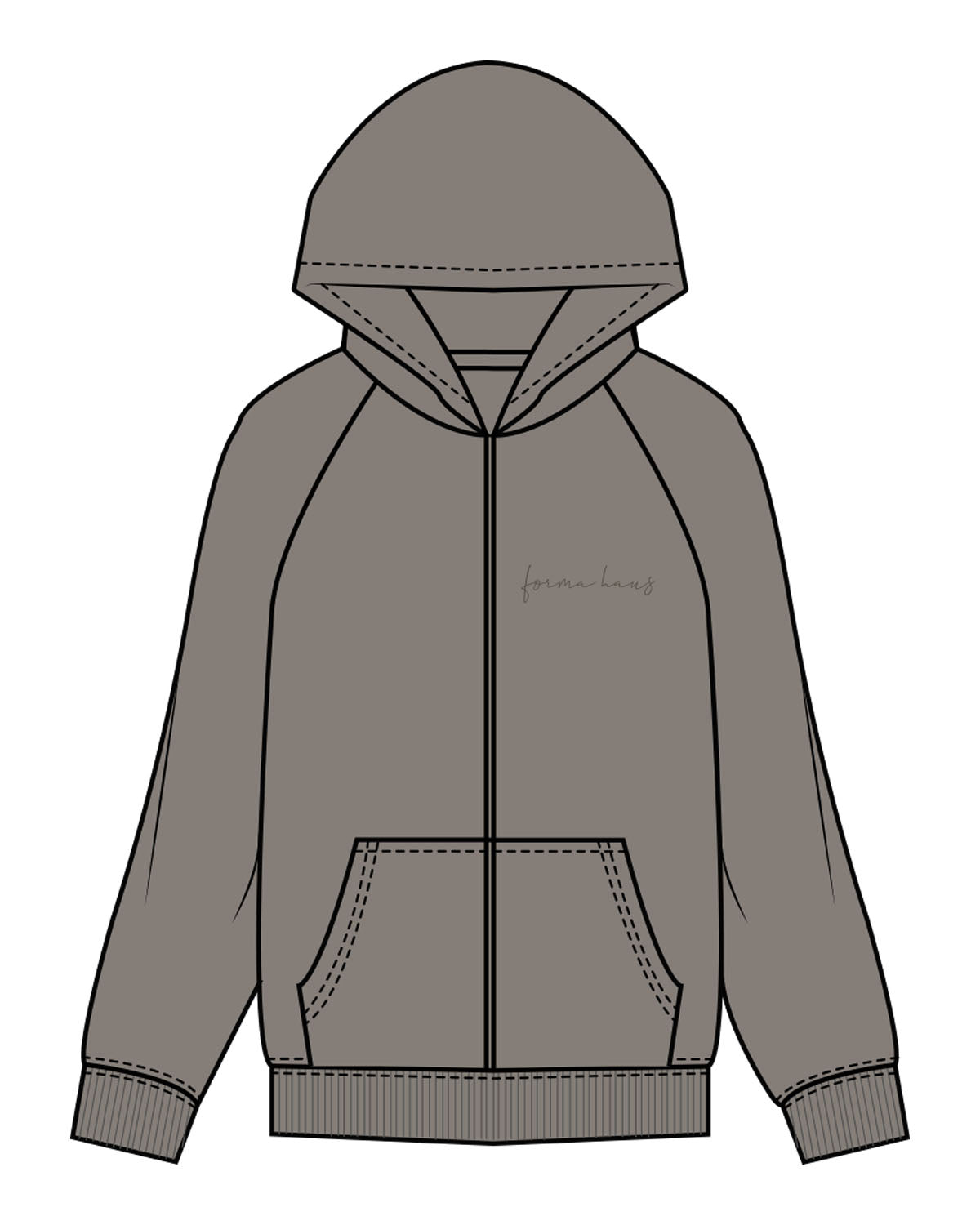 The Womens Zip Hoodie - Washed Gray - Forma Haus - Left Chest & Center Back - Printed - Tone on Tone