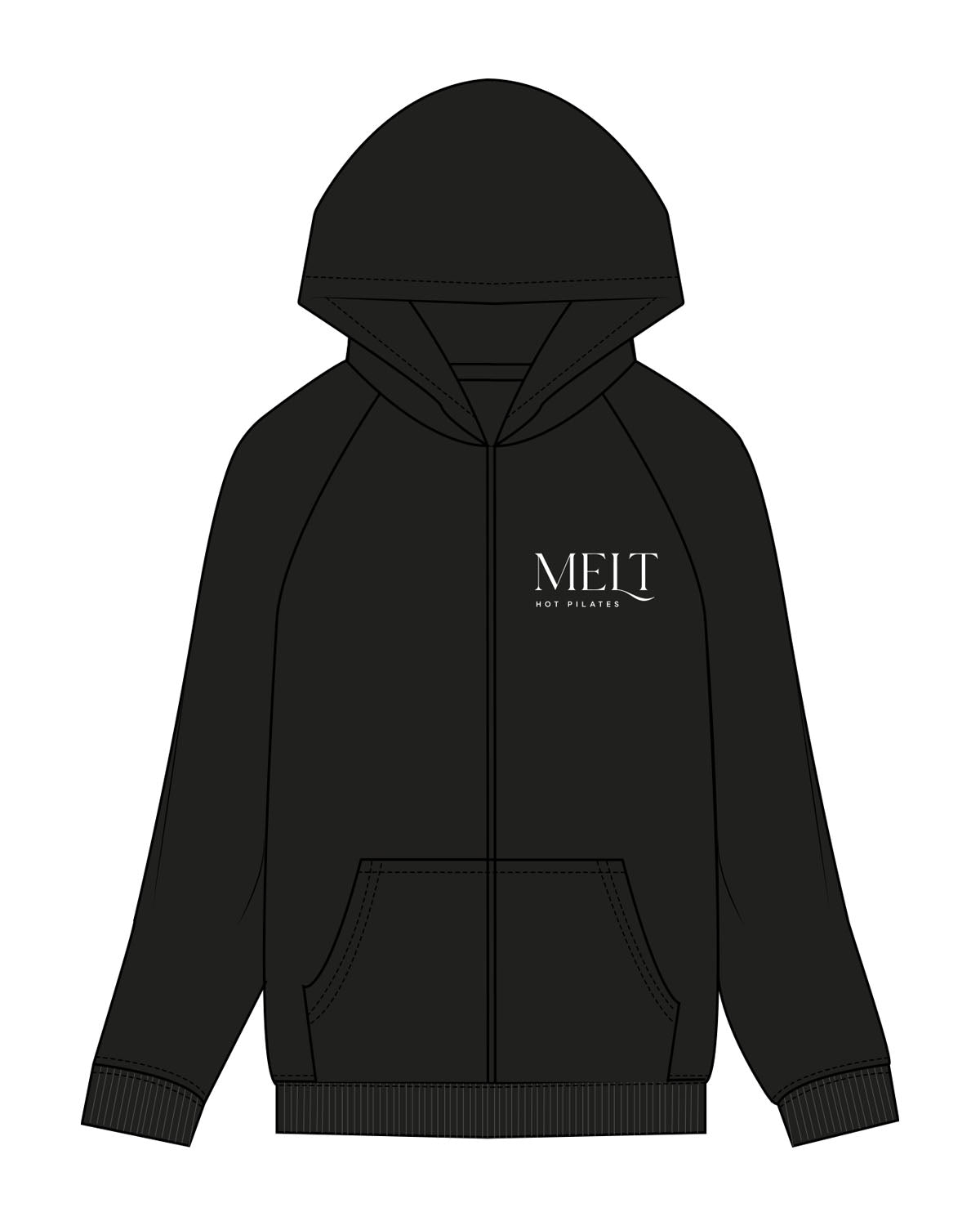 The Womens Zip Hoodie - Black - Melt Hot Pilates - Left Chest - White