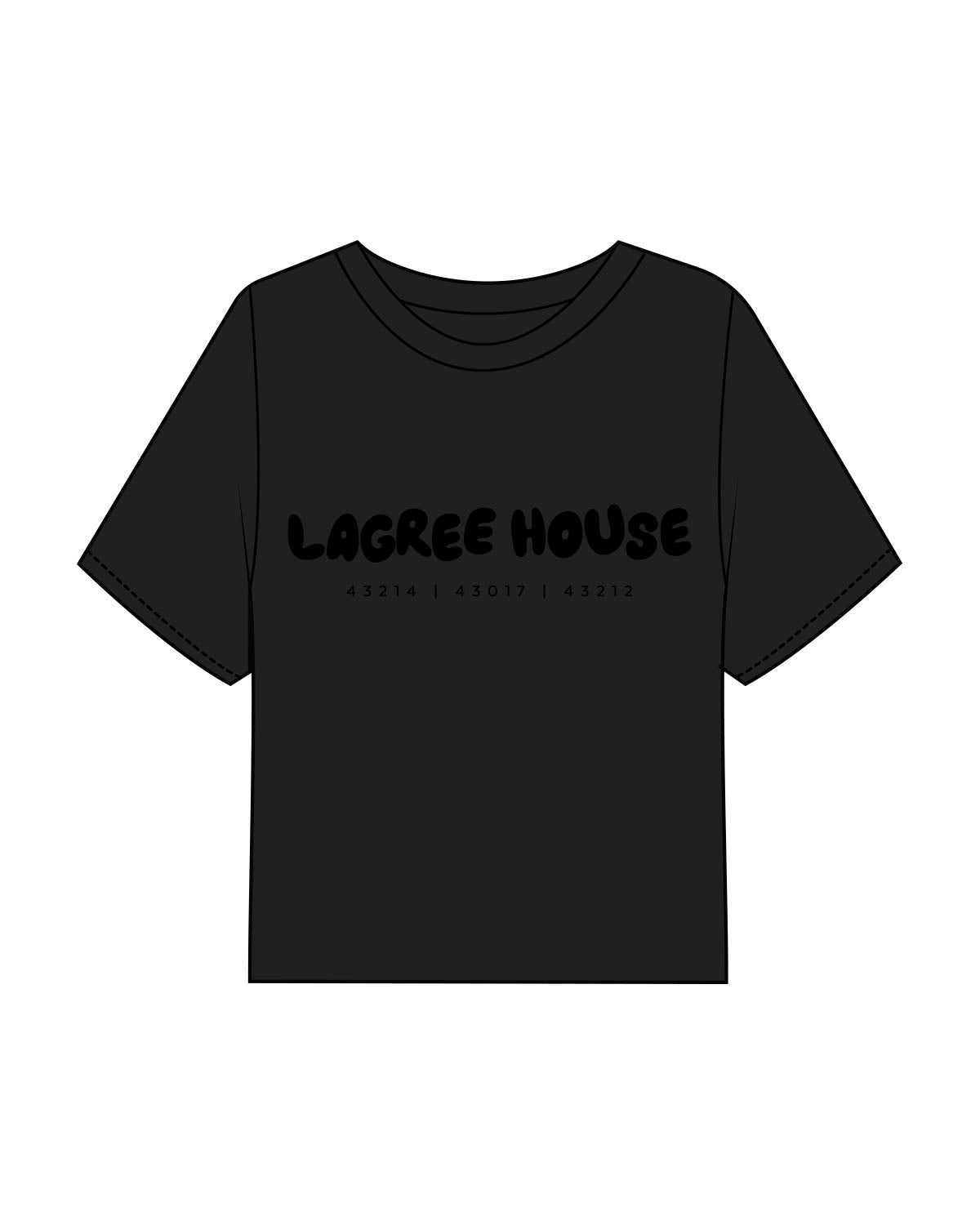 The Boxy Crop Tee - Black - Lagree House - Center Chest Stacked - Puff Print - Tone on Tone - Zip Codes Flat Print - Black