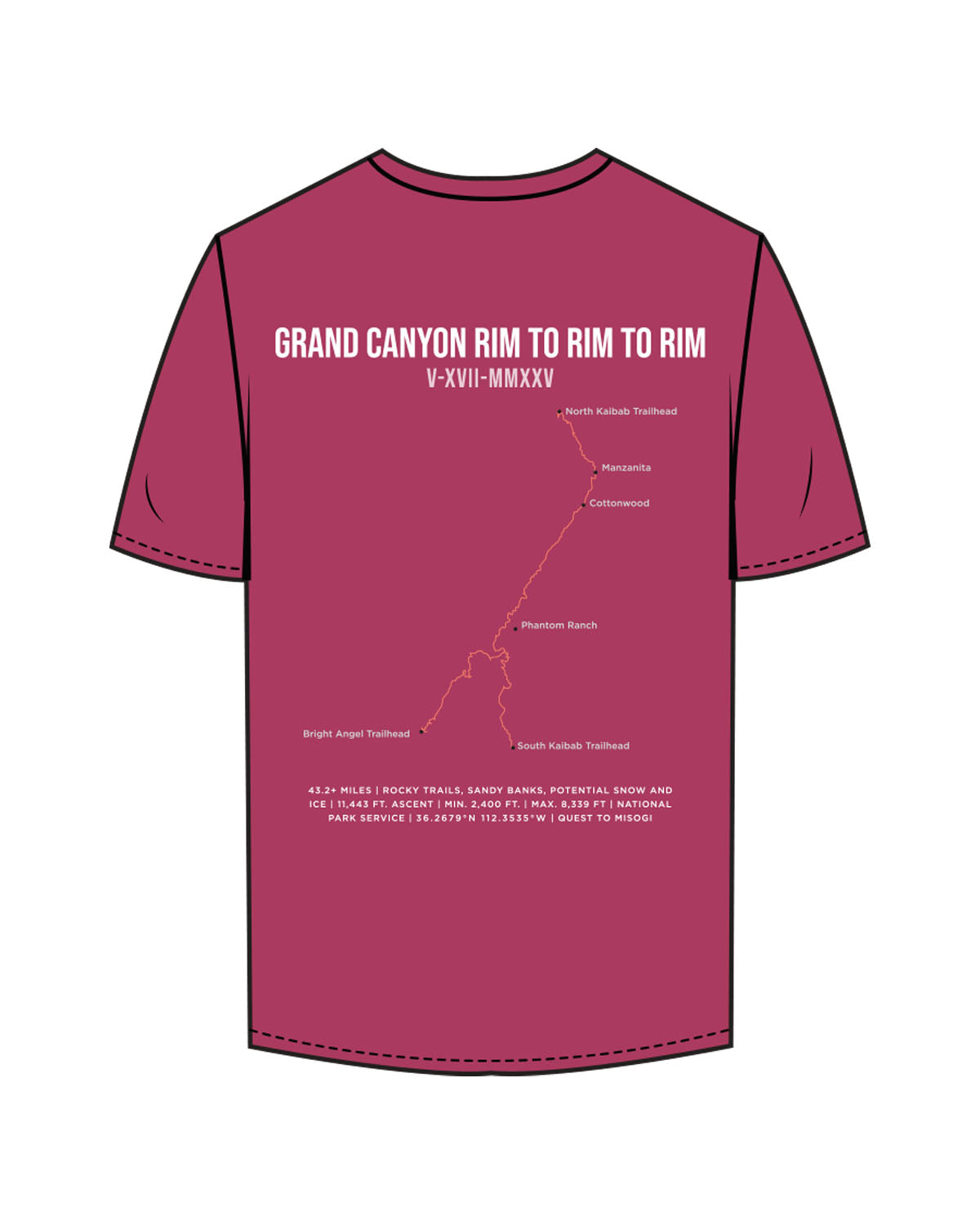 The Mens Tee - Berry - Quest2Misogi - Left Chest Stacked In Box - Full Back Center - Map - Full Color