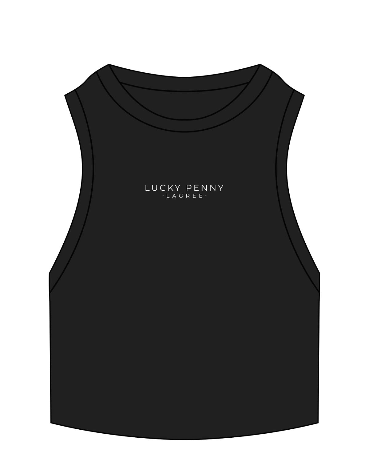 The Ribbed Crop Tank - Black - Lucky Penny - Center Chest Stacked - Embroidered - White