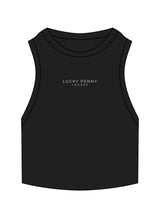 The Ribbed Crop Tank - Black - Lucky Penny - Center Chest Stacked - Embroidered - White
