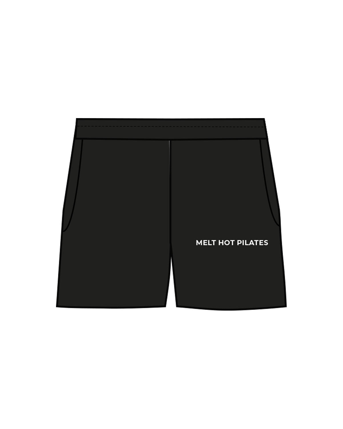 The Womens Sweat Shorts - Black - Melt Hot Pilates - Left Leg - White