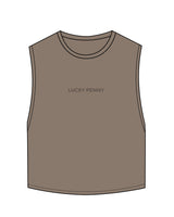 The Crop Muscle Tank - Cacao - Lucky Penny - Center Chest & Back Center Chest Stacked - Tone on Tone