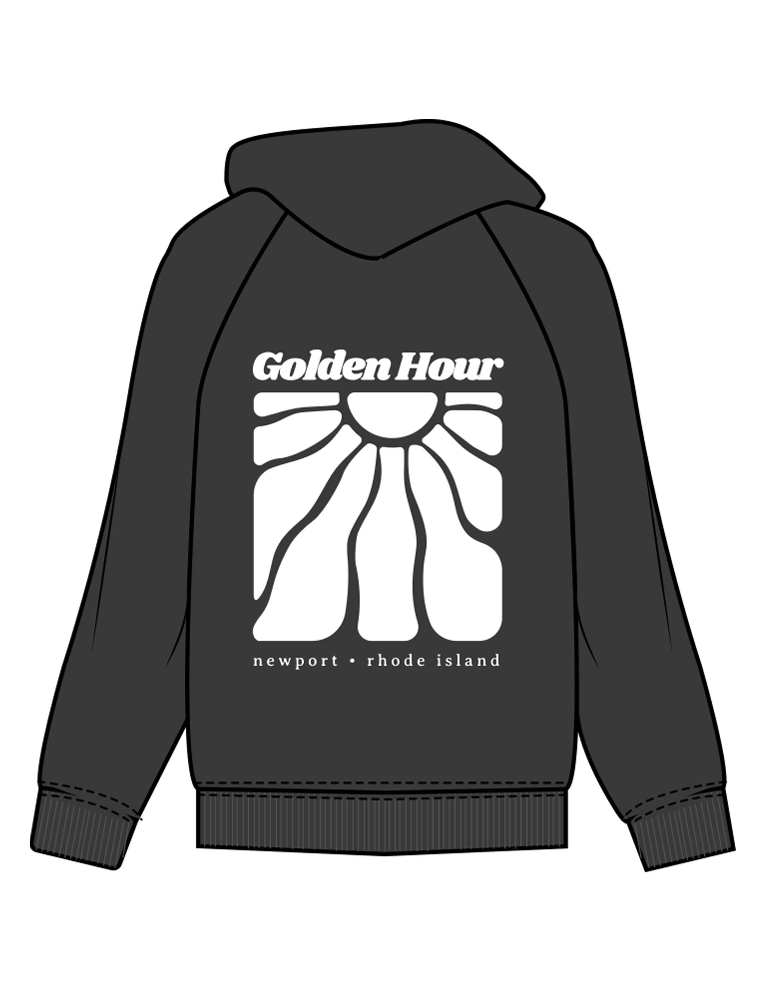 The Mens Hoodie - Washed Black - Golden Hour RI - Left Chest & Full Back "NEWPORT" - Printed - White