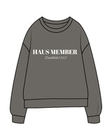 THE MIDWEIGHT UNISEX CREWNECK - Washed Black - Forma Haus - Center Chest - ALL CAPS "Haus Member" & Center Back Neckline - Printed - White