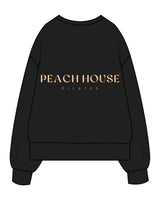 The Womens Heavyweight Crewneck - Black - Peach House Pilates - Left Chest & Center Back Stacked - Printed - Peach