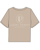The Boxy Crop Tee - Sand - Lucky Penny - Left Chest Round & Back Center Stacked - Cream
