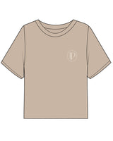 The Boxy Crop Tee - Sand - Lucky Penny - Left Chest Round & Back Center Stacked - Cream