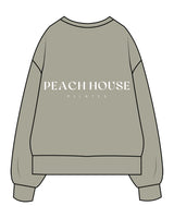 The Womens Heavyweight Crewneck - Eucalyptus - Peach House Pilates - Left Chest & Center Back Stacked - Printed - White