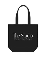 The Promo Tote Bag - Black - The Studio - Center Body Stacked - Printed - White