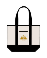 The Contrast Tote Bag - Natural / Black - New Mom School - Top Text Stacked - Below Line - Gold