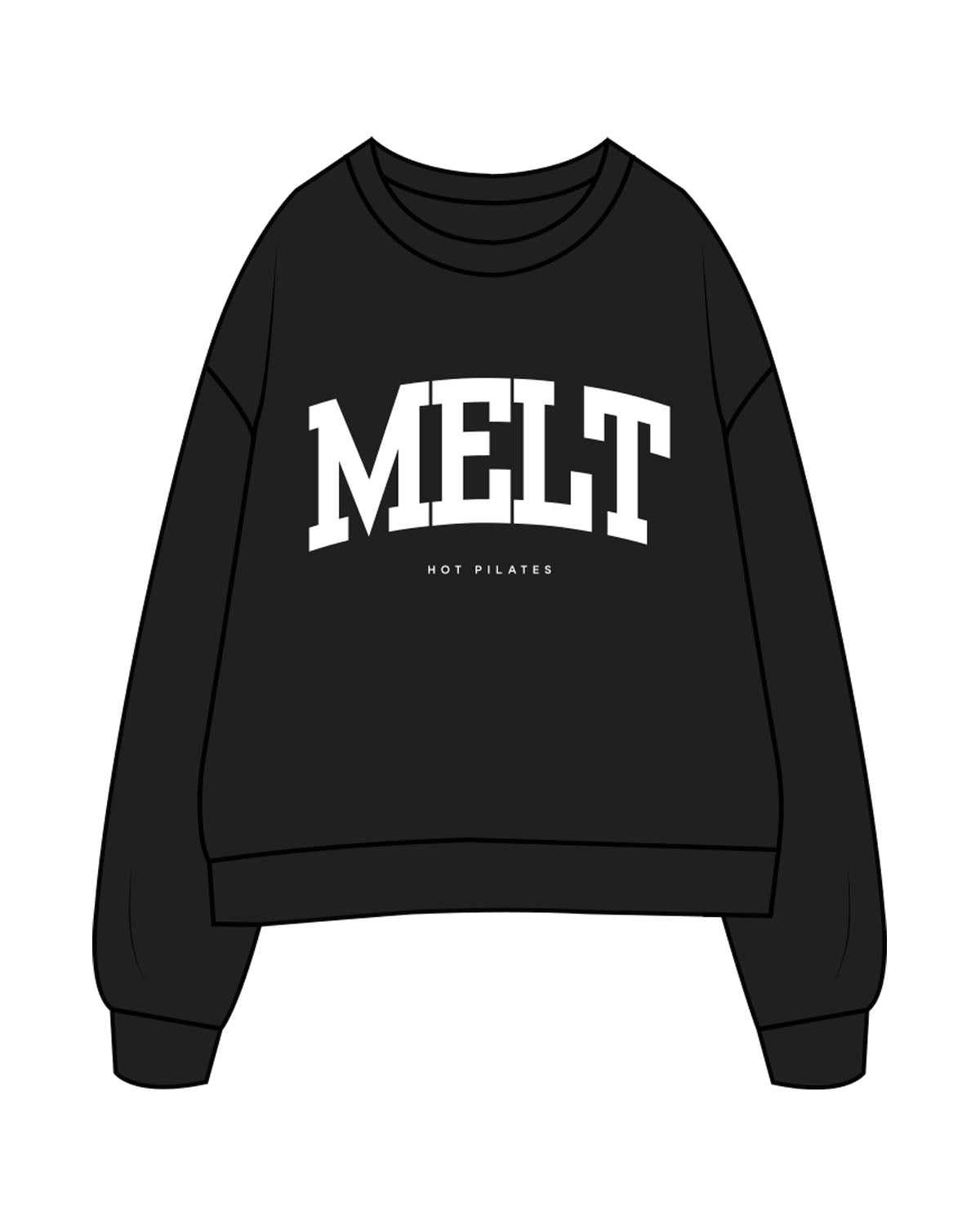 The Womens Crewneck - Black - Melt Hot Pilates - Center Chest - White