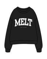 The Womens Crewneck - Black - Melt Hot Pilates - Center Chest - White
