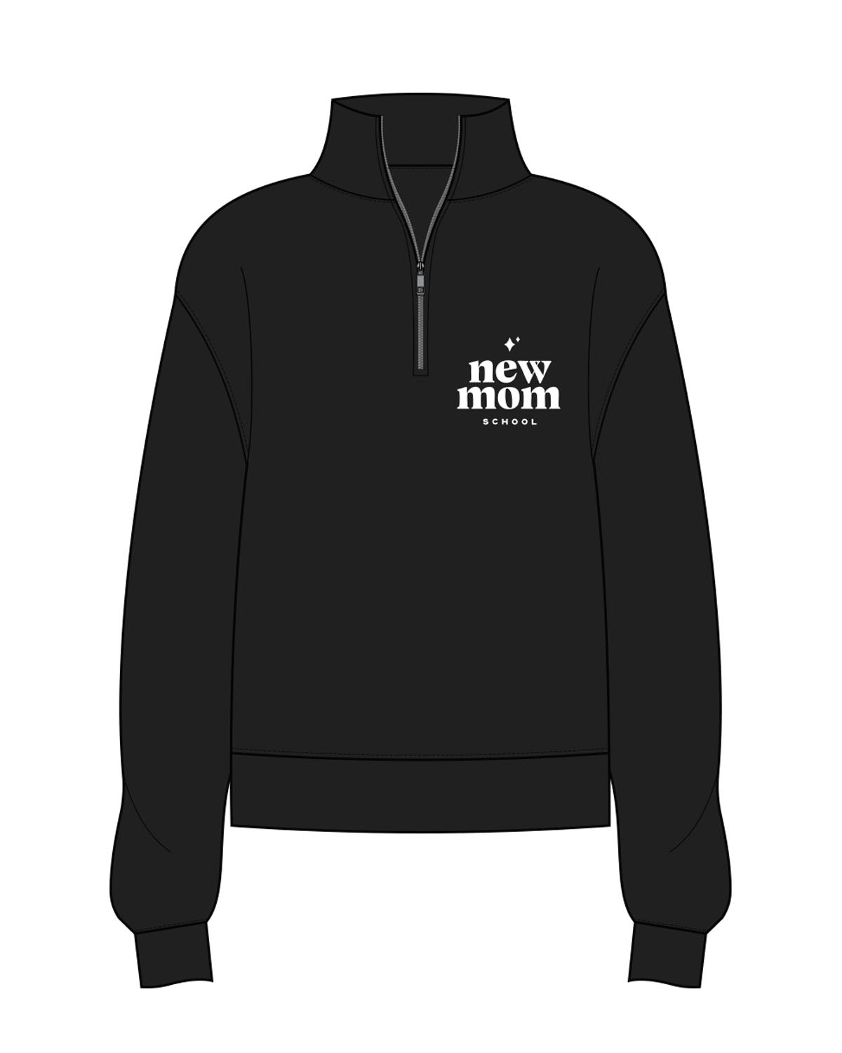 The Womens 1/4 Zip - Black - New Mom School - Left Chest Stacked - White