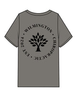 The Mens Heavyweight Tee - Washed Gray - Goodlife Chiropractic - Center Chest - Back Round Stacked - Black Printed