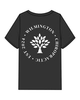 The Womens Heavyweight Tee - Washed Black - Goodlife Chiropractic- Center Chest - Back Round Stacked - White Printed