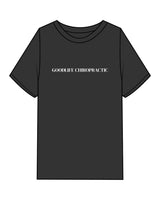 The Womens Heavyweight Tee - Washed Black - Goodlife Chiropractic- Center Chest - Back Round Stacked - White Printed