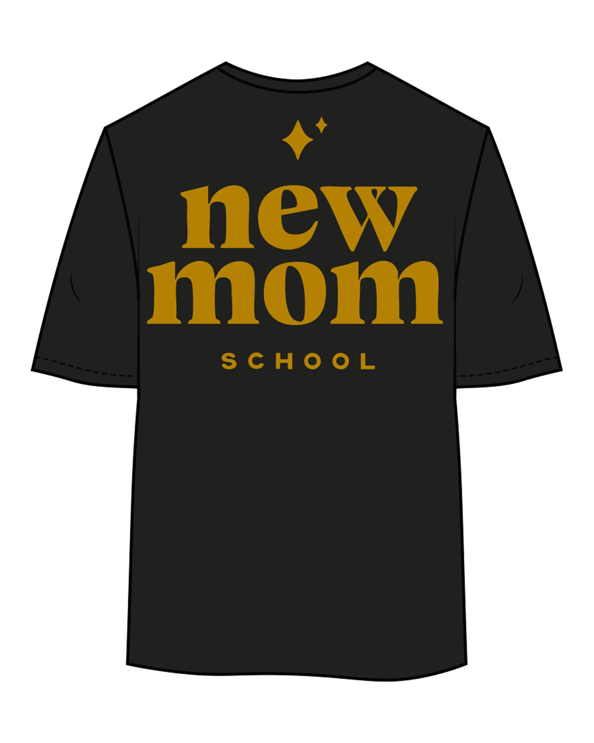 The Womens Oversized Tee - Black - New Mom School - Left Chest Stacked & Back Center - Gold
