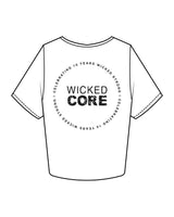The Crop Tee - White - Wicked Core - Left Chest Stackd - Back Center - Printed - Black