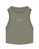 The Ribbed Crop Tank - Eucalyptus - Collective Studios - Center Chest Stacked - Embroidered - White