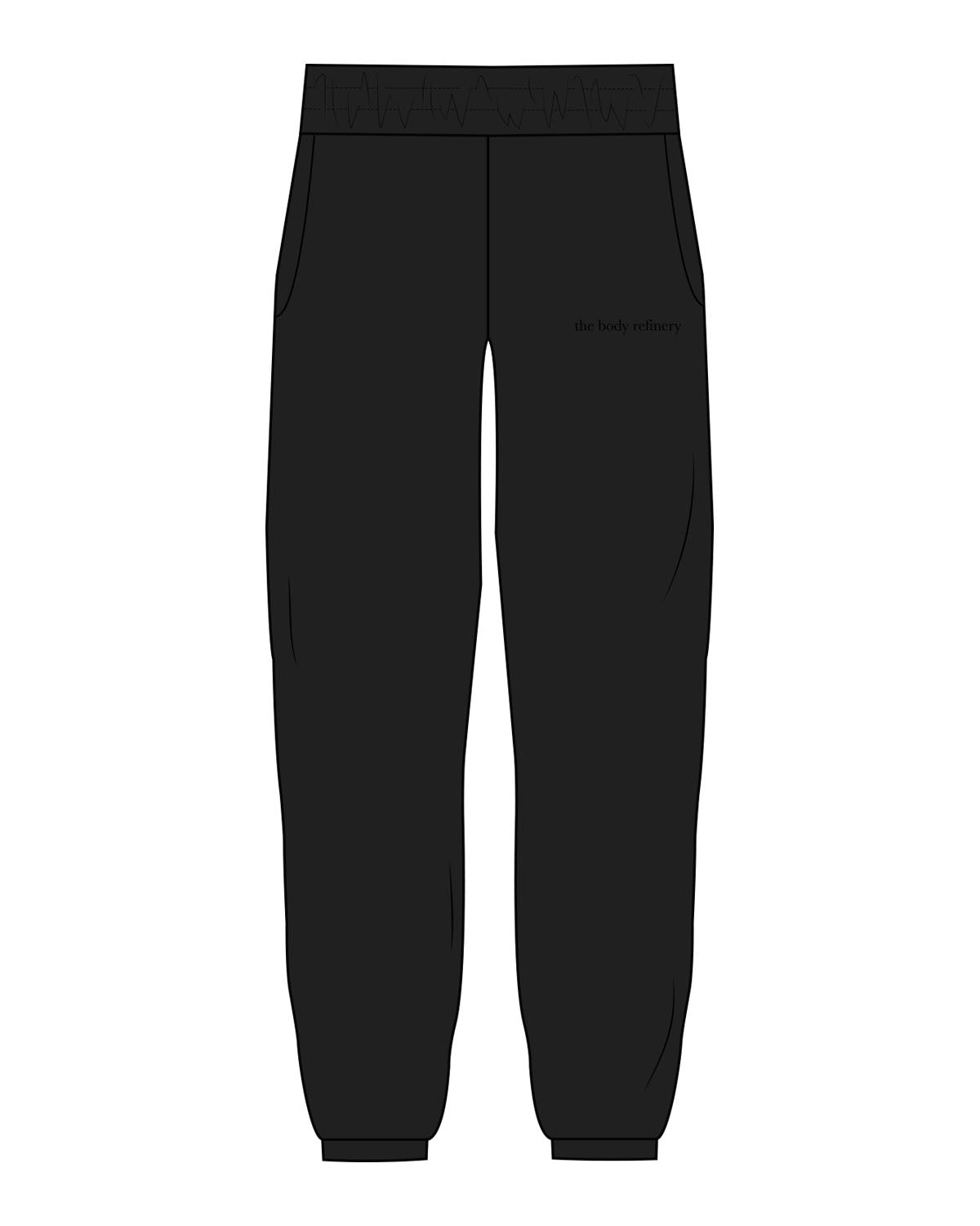 The Womens Sweatpants - Black - The Body Refinery - Left Leg - Embroidered - Tone on Tone