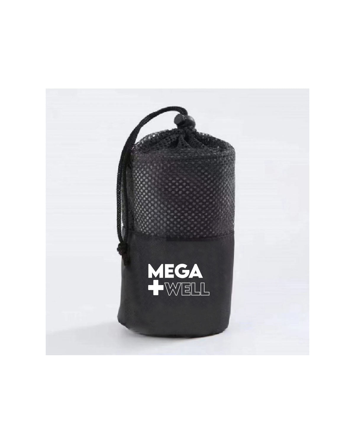 The Gym Towel - Black - Mega Well - Center Bottom - Printed - White - THE GYM TOWEL BAG - Black - Center Body Stacked - Printed - White