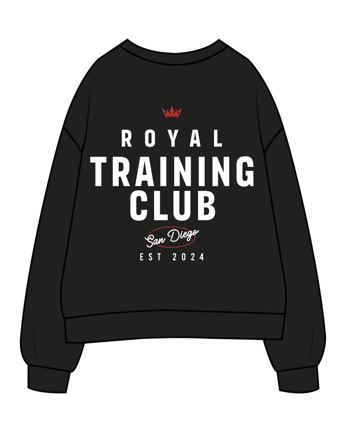 The Mens Crewneck - Black - Royal Training Club - Center Chest & Back Stacked - Printed - Full Color