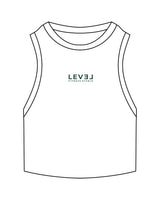 The Ribbed Crop Tank - White - Level Fitness - Center Chest Stacked - Embroidered - Green