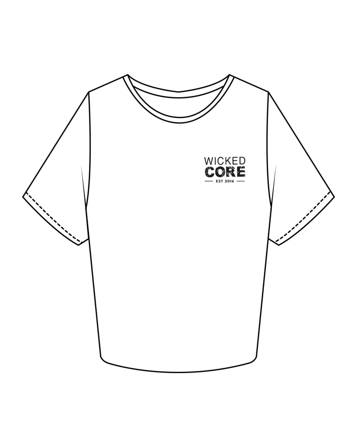 The Crop Tee - White - Wicked Core - Left Chest Stackd - Back Center - Printed - Black