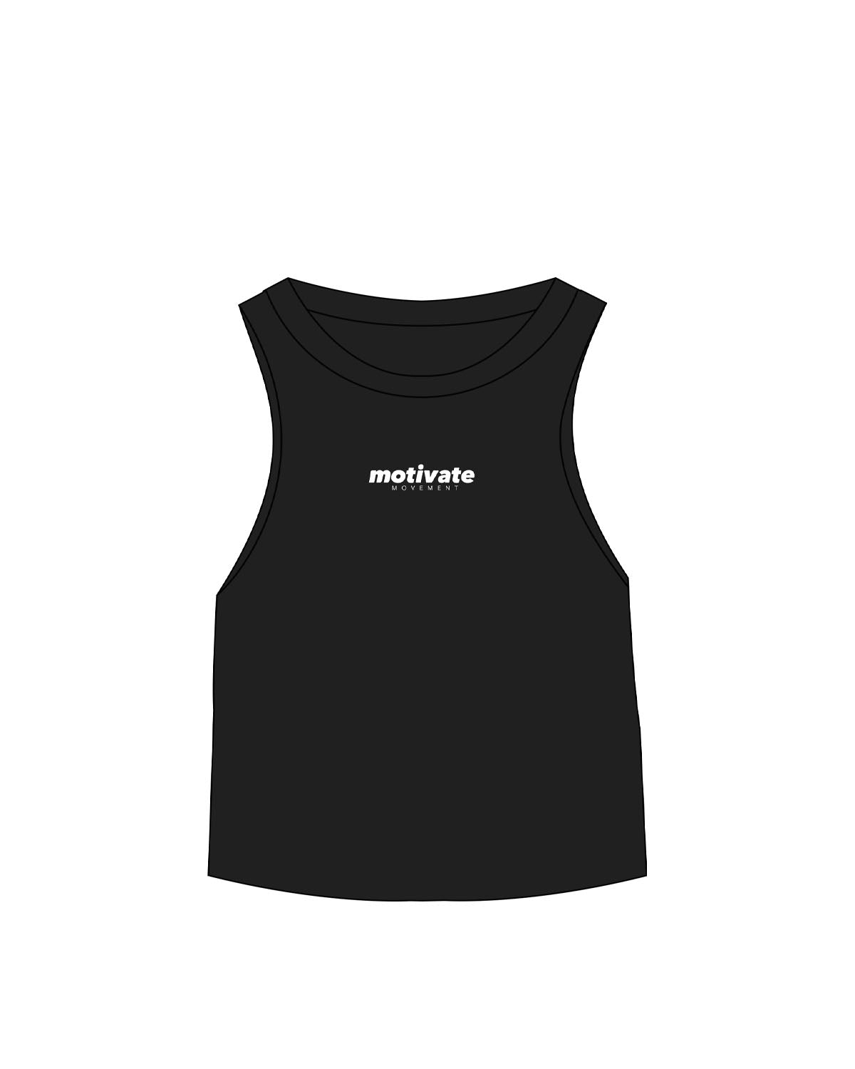 The Micro Rib Basic Crop Tank - Black - Motivate Movement - Center Chest Stacked - Printed - White