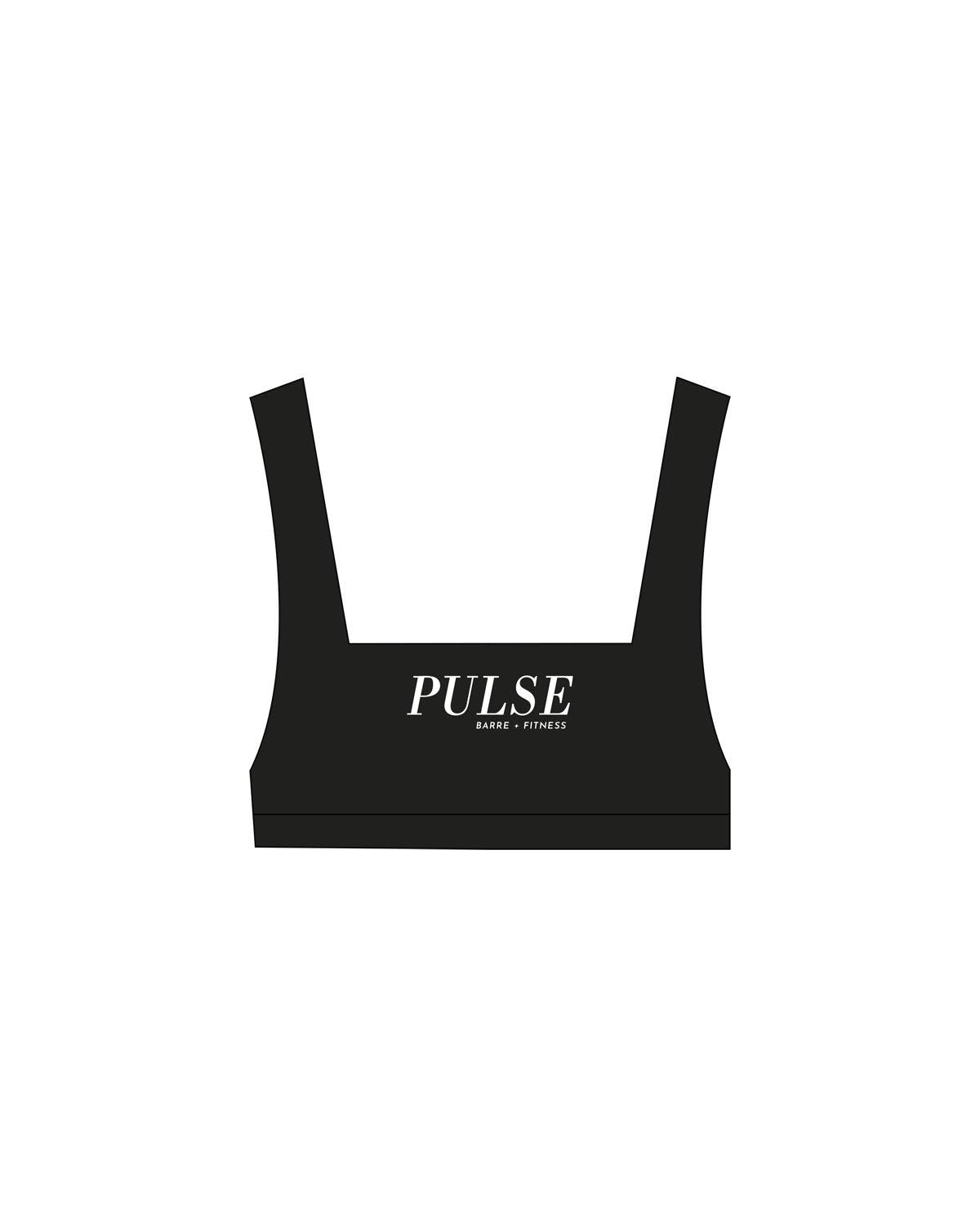 The Box Cut Bra - Black - Pulse Barre & Fitness - Center Chest Stacked - Printed - White