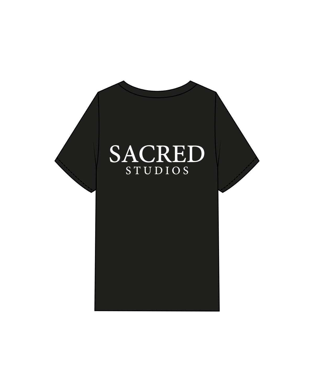 The Mens Heavyweight Tee - Black - Sacred Studios - Left Chest Round & Back Stacked - Printed - White