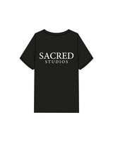 The Mens Heavyweight Tee - Black - Sacred Studios - Left Chest Round & Back Stacked - Printed - White