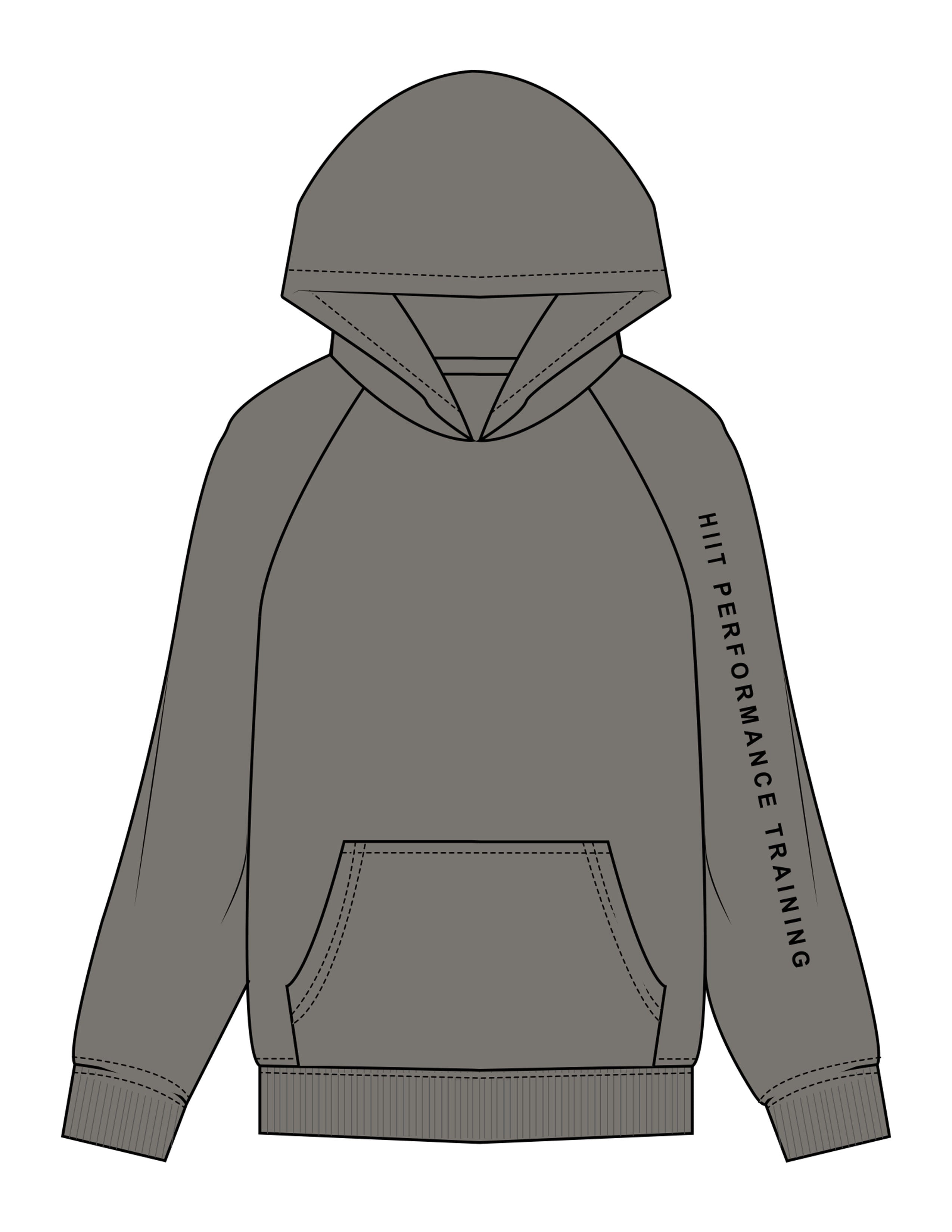 The Mens Hoodie - Washed Gray - HIIT Performance - Left Sleeve & Back Image - Printed - Black