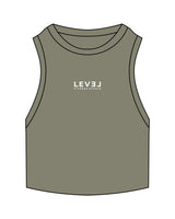 The Ribbed Crop Tank - Eucalyptus - Level Fitness - Chest Center Stacked - Embroidered - White